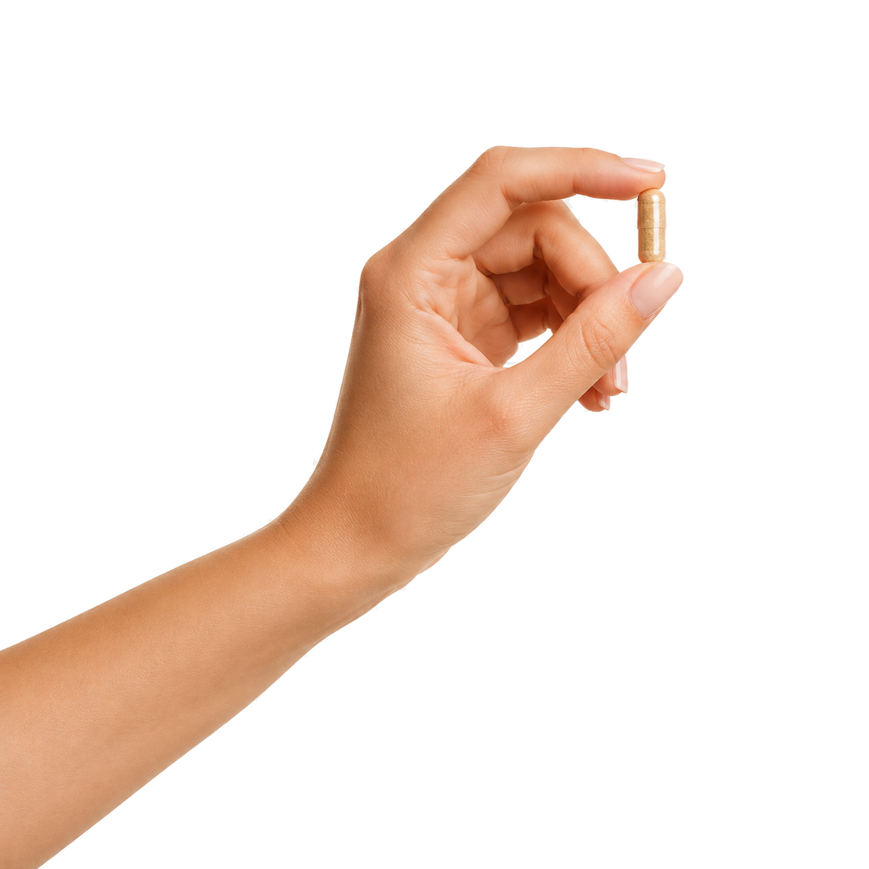 Hand holding a single LUMIVIEW capsule, arm extending in from off-frame